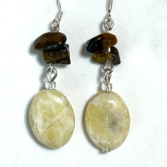 2/$20, Genuine Yellow Opal & Tigers Eye Earrings, Sterling Silver Hook +Gemstone - Picture 1 of 9
